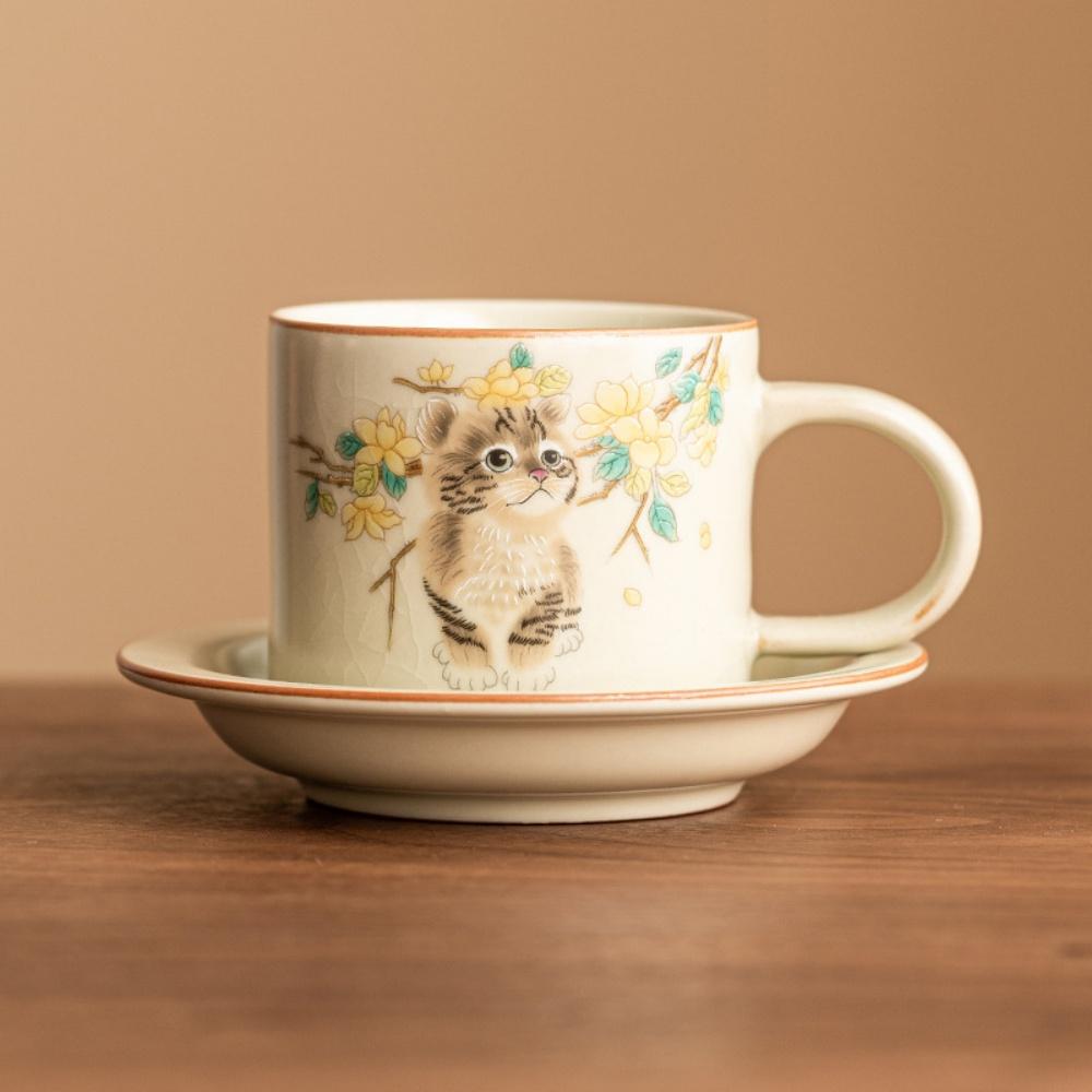 Roztomilý hrnek na kávu s podšálkem s kočičím vzorem Ruyao, keramický, na latte art, cappuccino, pro baristy