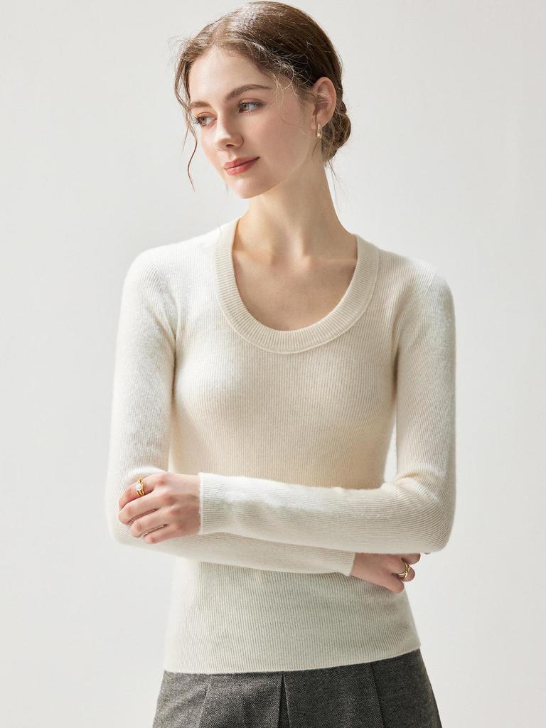 V-neck Women's Slim-fit Cashmere Sweater - 2026 Autumn/Winter Ribbed Elegant Solid Color Pullover