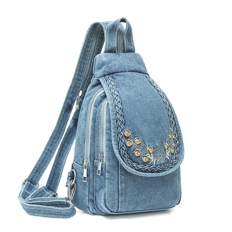 Multifunktionale Brusttasche Denim Umhängetasche Retro Rucksack für Damen hellblaue