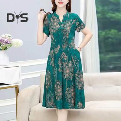 Women Summer Dress V Neck Long Sleeve Chinese Style Short Sleeves Printed A Line Pleated Pockets Knee Length Mid Aged Women Mother Midi Dress