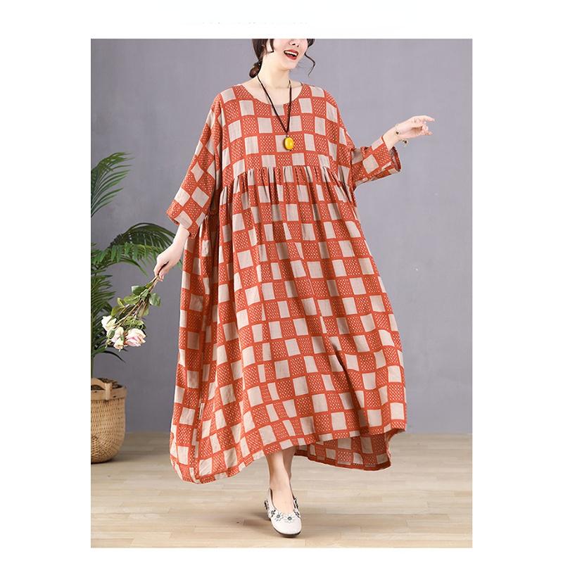 Dimanaf Plus Größe Frauen 2023 Neue Sommer Stil Kleid Lange Hülse O-ansatz Floral Lose Kleid Grün Leinen Grund Kleider