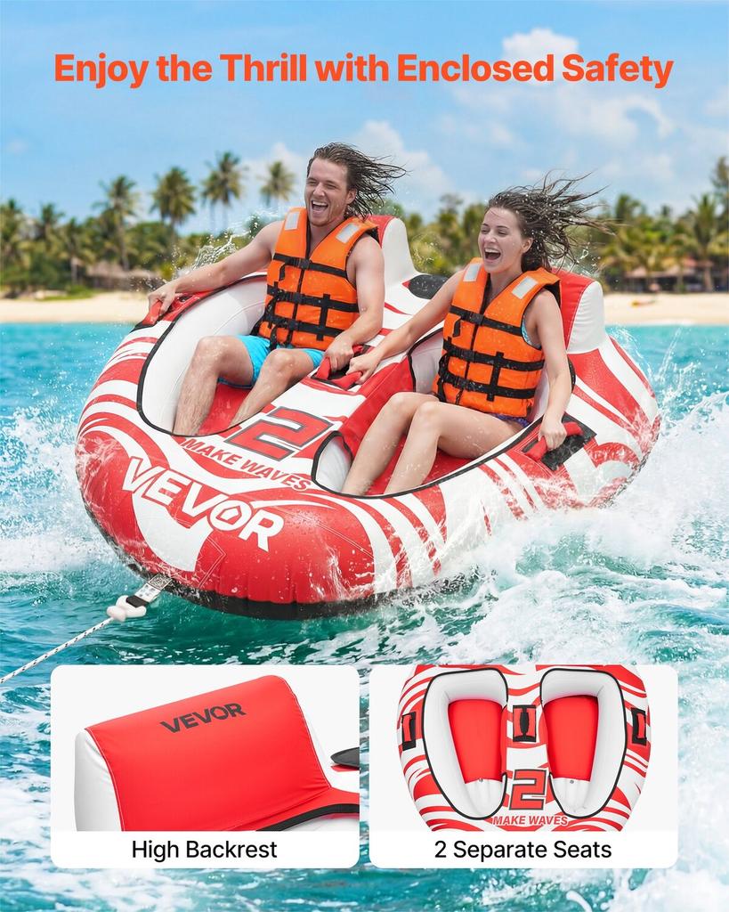 Towable Tubes for Boating, 2-Rider Inflatable Boat Tubes and Towables, 154 kg Capacity Water Sport Tubes for Boat to Pull - with 2 Cockpits, Full