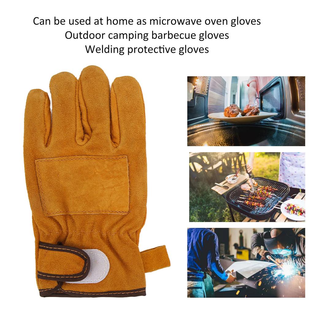 Heat Resistant Gloves Calf Leather Polyester Hand   BBQ Grill Oven Mitts Short Type