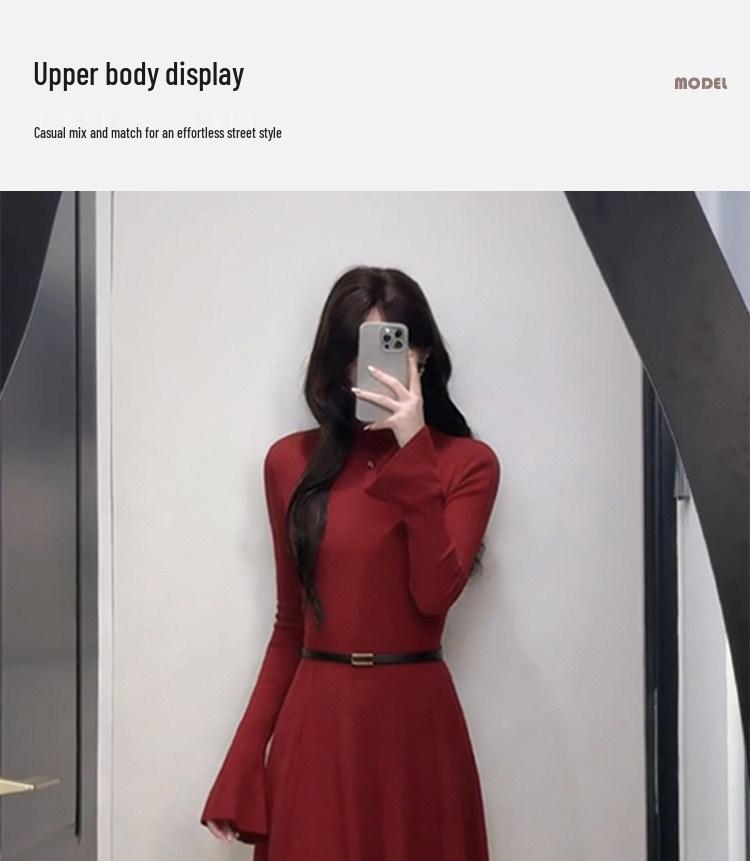 Women's Long Red Knit Dress with Coat Layer, Slim Fit, Pear Shape - Perfect for Autumn and Winter