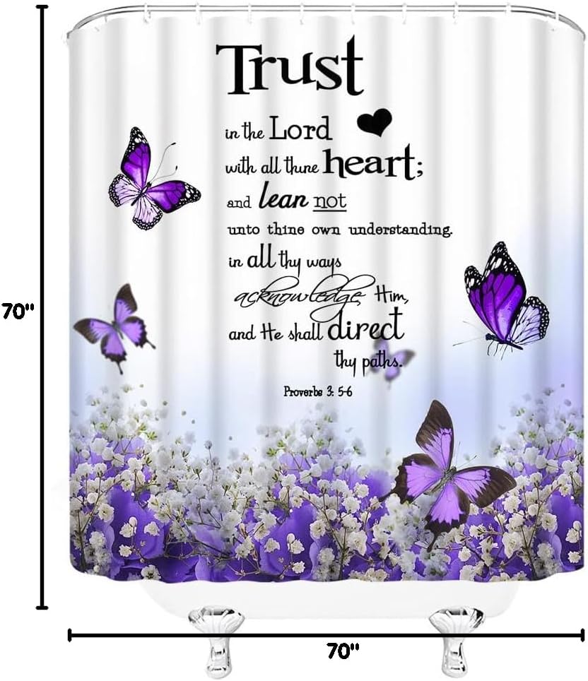 Purple Floral Butterfly Shower Curtain Inspirational Quotes Spring Flower Romantic Valentine'S Day Belief Gospel Violet Rose