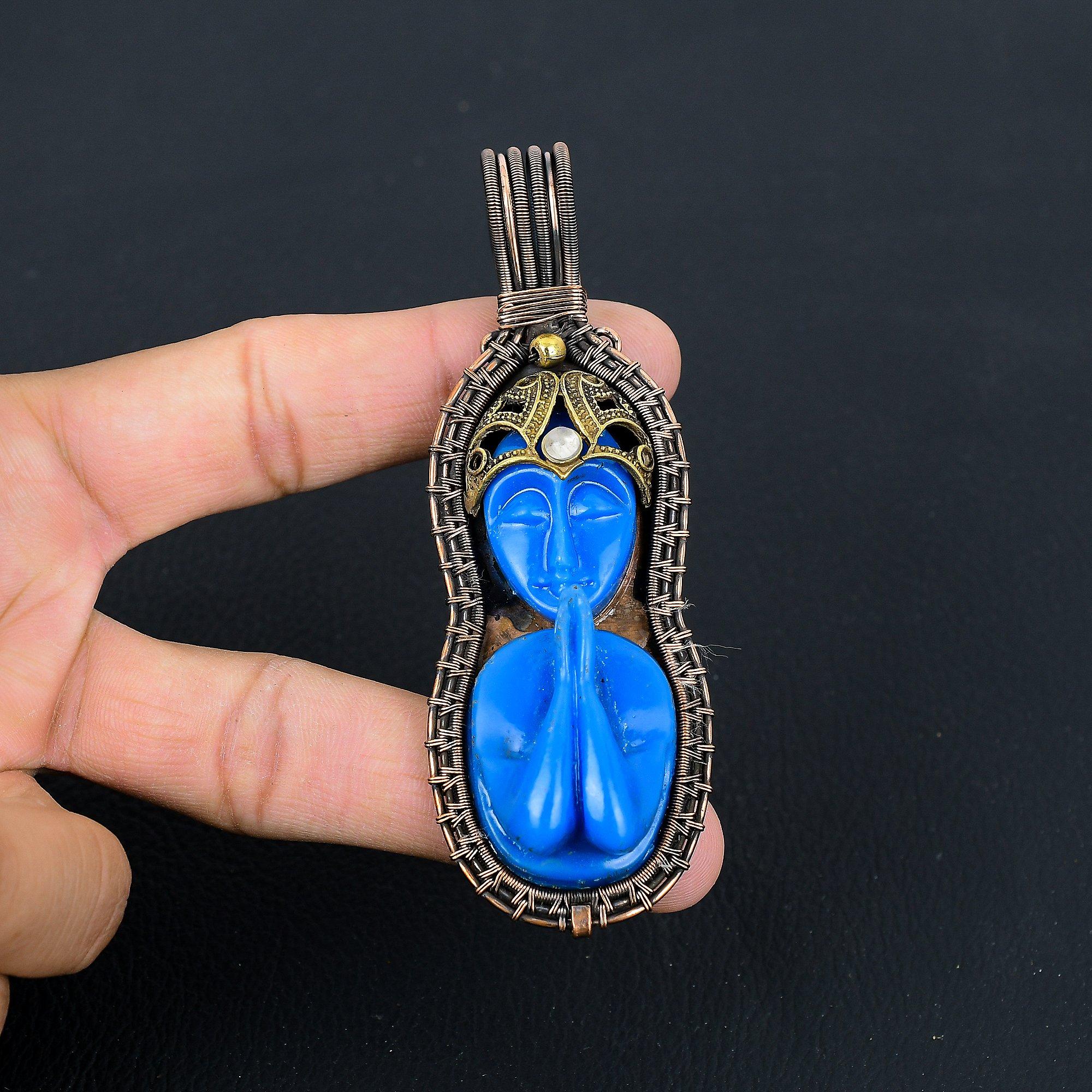 

Синий молящийся женский драгоценный камень из чистой медной проволоки, завернутый в подвеску ручной работы, ювелирные изделия 3.94 Inches синий