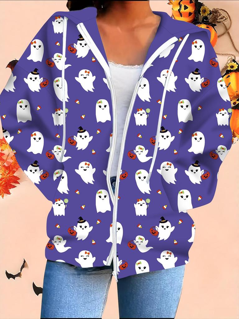 Halloween 3D Printed Hooded Cardigan Plus Size Autumn Winter Retro