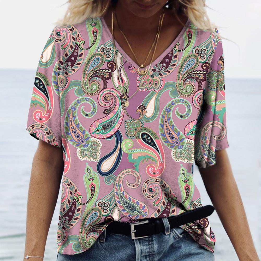 

Летний топ с V-образным вырезом, 3D, винтажный, с этническим принтом, модный, повседневный, в богемном стиле, женская футболка с короткими рукавами 5XL