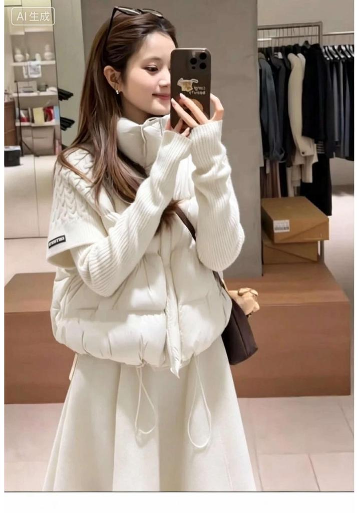 Veste d'hiver courte en coton matelassé avec col montant et empiècements tricotés pour femme, nouvelle collection haut de gamme