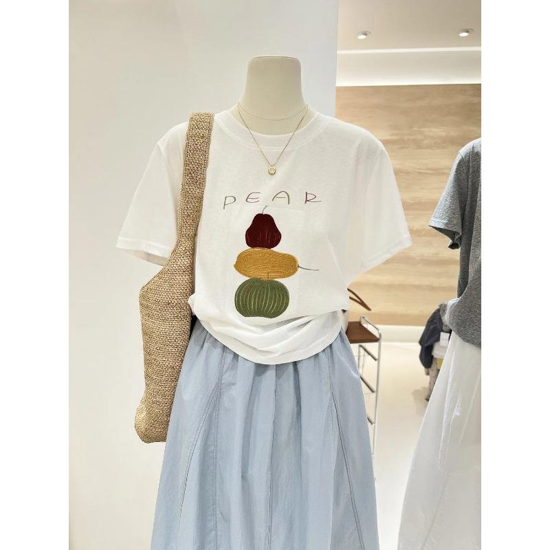 

Womens White Pear Print Casual Short Sleeve T Shirt S білий