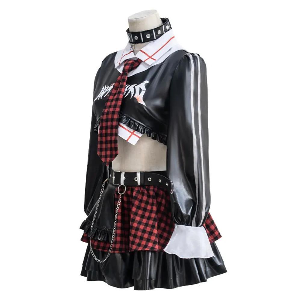 Anime Punk Plaid Cosplay Full Set Black Faux Leather Crop Top Layer Skirt Wig Choker Hat Eye Mask Halloween Women Party Costume