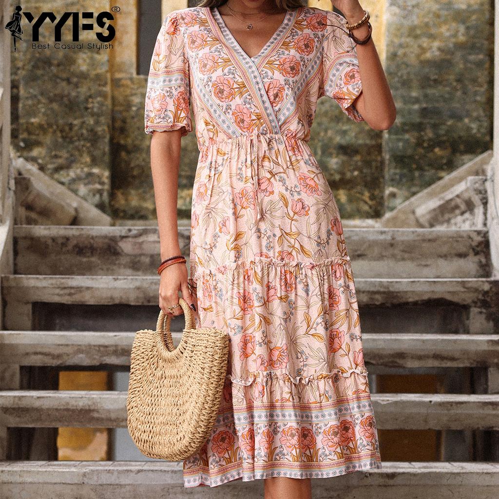 YYFS Damen Vintage Bohemia Sommer Frühling Blumendruck Kurzarm V-Ausschnitt Hohe Taille Freizeitkleider