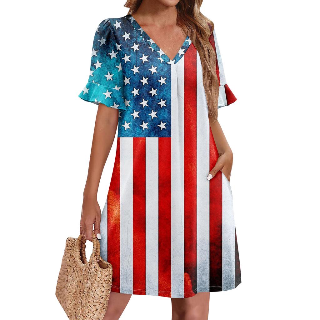 Summer Dresses For Women V Neck Ruffle Short Sleeve Casual Loose  Independence Printing Dress Beach Dress With Pockets