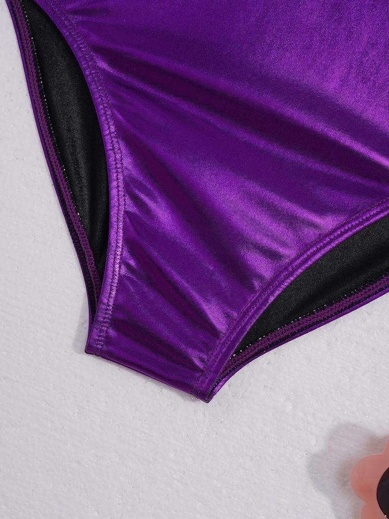 Kinder Mädchen Gymnastikanzug mit glänzenden metallischen langen Ärmeln und bedrucktem Ballett-Tanz-Bodysuit