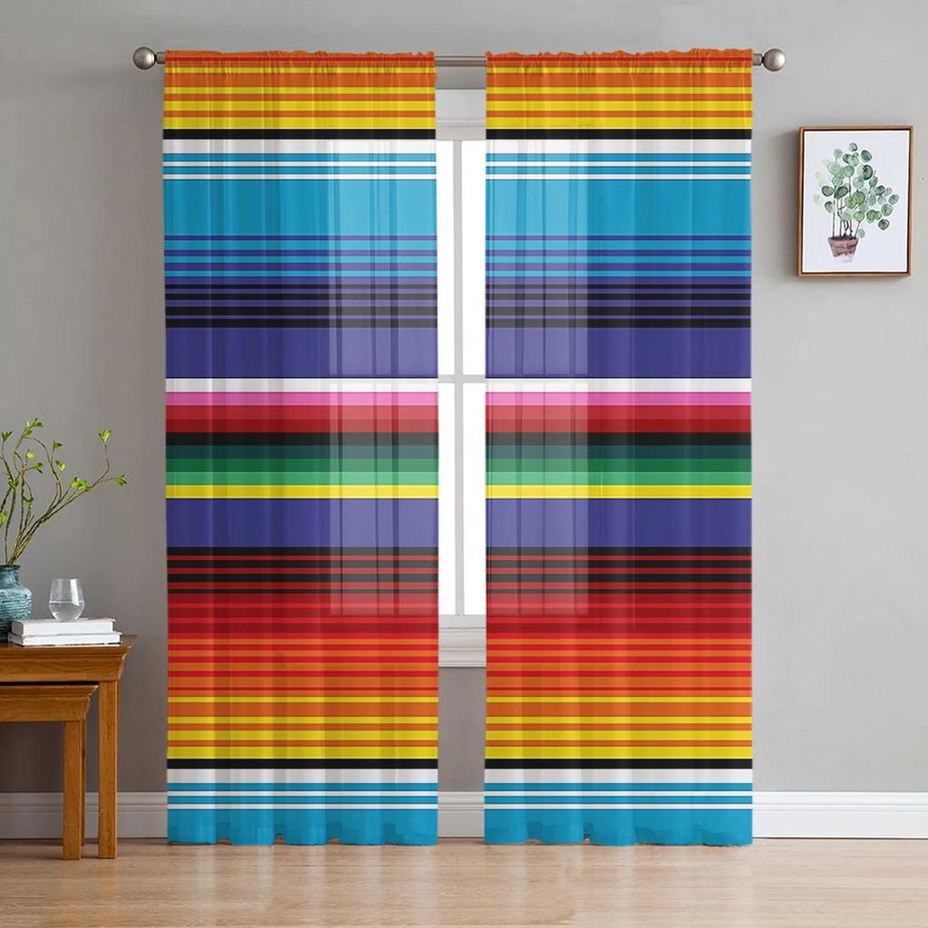 Mexican Stripes Colorful Stripes Sheer Curtains for Living Room Decoration Window Curtain Kitchen Tulle Voile Organza Drapes