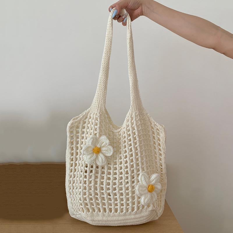Women Knitted Shoulder Bag Tote Handbag Large Capacity Summer Beach Bag Lightweight Casual Top Handle Bag Chic Hobo Bag