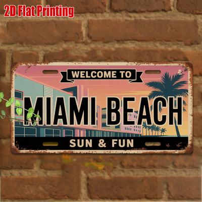 2D Flach, 1 Stück, Vintage Metallschild, Nur zur Dekoration, Wandkunst für den Außenbereich (11,8" * 5,9"), MIAMI BEACH Aluminiumschild