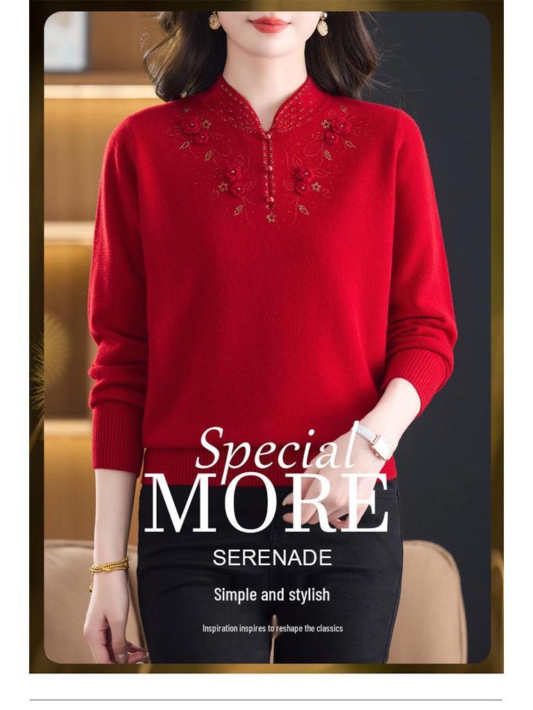 Stylish Qipao Collar 100% Wool Sweater for Middle-Aged & Elderly Women - Warm Winter Knitwear