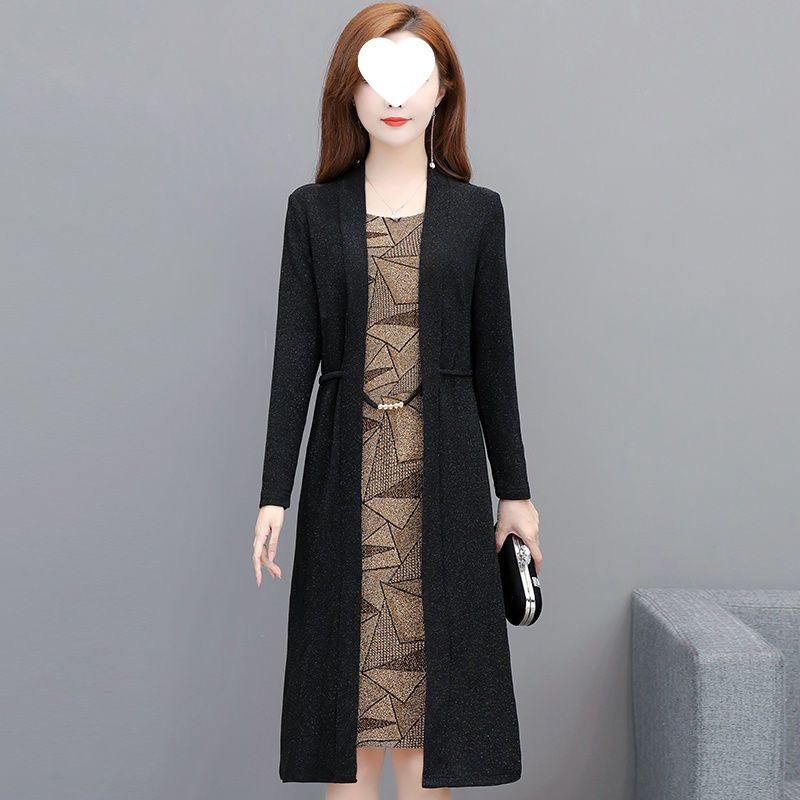 Elegantes Schlankmachendes Zweiteiliger Look Kleid für Damen - Langärmliges Frühling/Herbst Bauchbedeckendes Mode für Mittleren Alters und Ältere, 2025