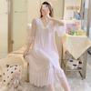 Short-Sleeved Mesh Lace Long Nightdress Summer Court Style Princess Pajamas Women'S Bow Loungewear With Chest Pad