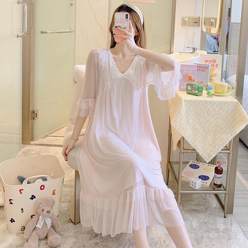 Short-Sleeved Mesh Lace Long Nightdress Summer Court Style Princess Pajamas Women'S Bow Loungewear With Chest Pad