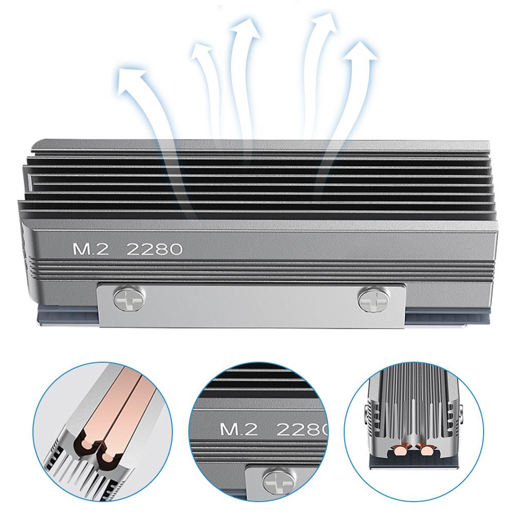 M.2 SSD Heatsink with Thermal Silicone Pad Aluminum M.2 SSD Cooler 2 Copper Heat Pipe Cooler Cooler Gasket for M.2 NVMe 2280 SSD