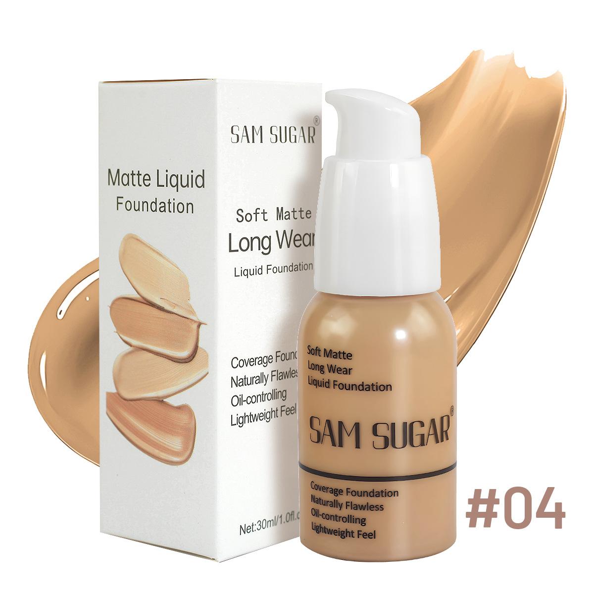 SAM SUGAR Soft Matte Long Wear Liquid Foundation Oil-Controlling Waterproof Naturally Flawless Lightweight Full Coverage Face Makeup for Women 4#
