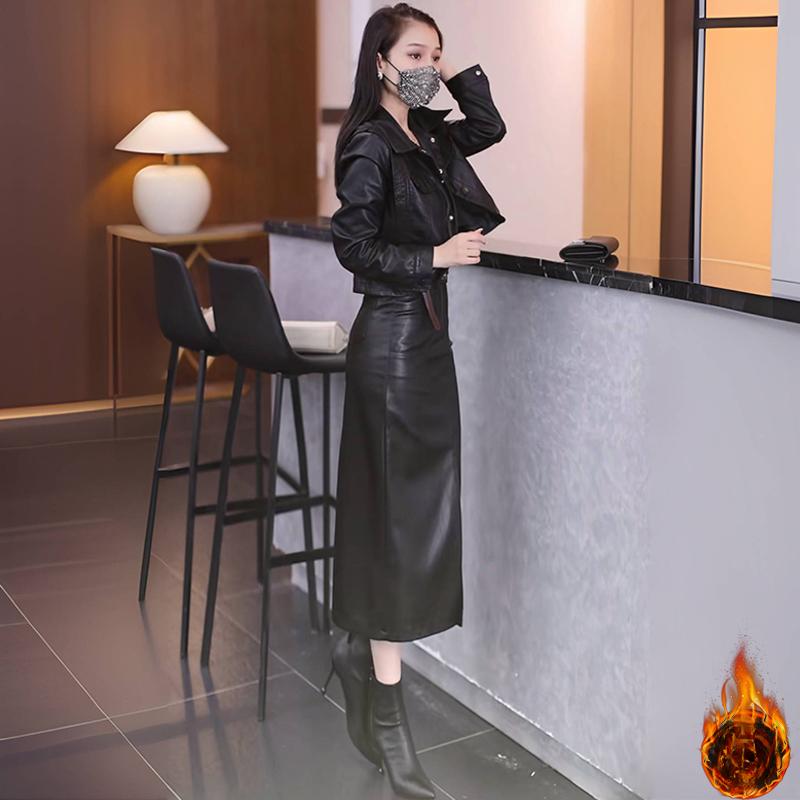 Sametová krátká kožená bunda dámské topy podzimní a zimní nová móda obleková sukně drobná kožená sukně