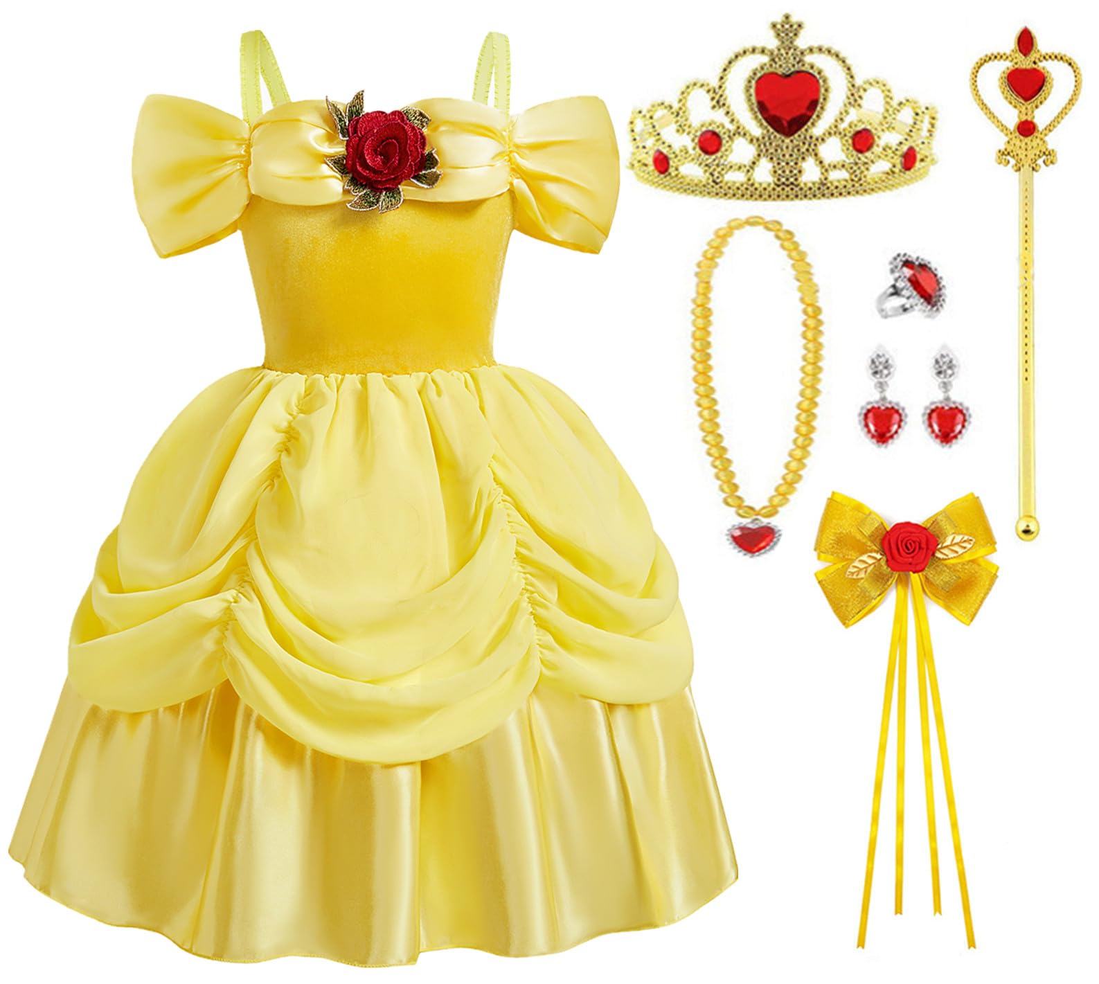 [Axaxa] Princess Dress for Children - Deluxe 7-Piece Costume Set: Yellow Dress (Princess Dress, Heart Tiara, Magic Wand, Necklace, Ring, Earrings,