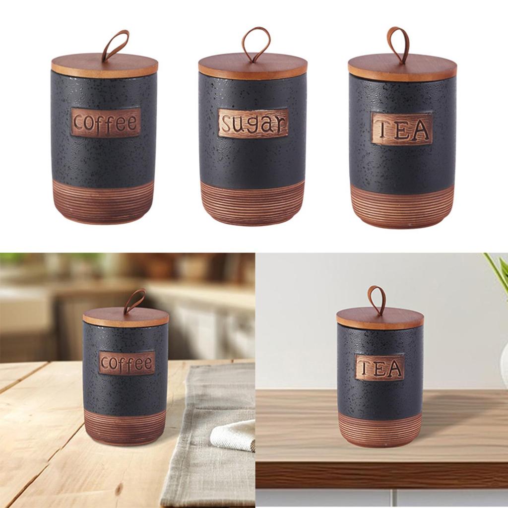 Ceramic Storage Container Holder with Wood Lid Ornament Kitchen Canister Food