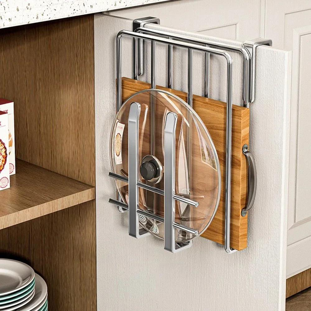 Kitchen Stainless Steel Wall Hanging Rack Under Cabinet Paper Towel Holder Pot Lid Storage with Hooks Space Saving Organizer