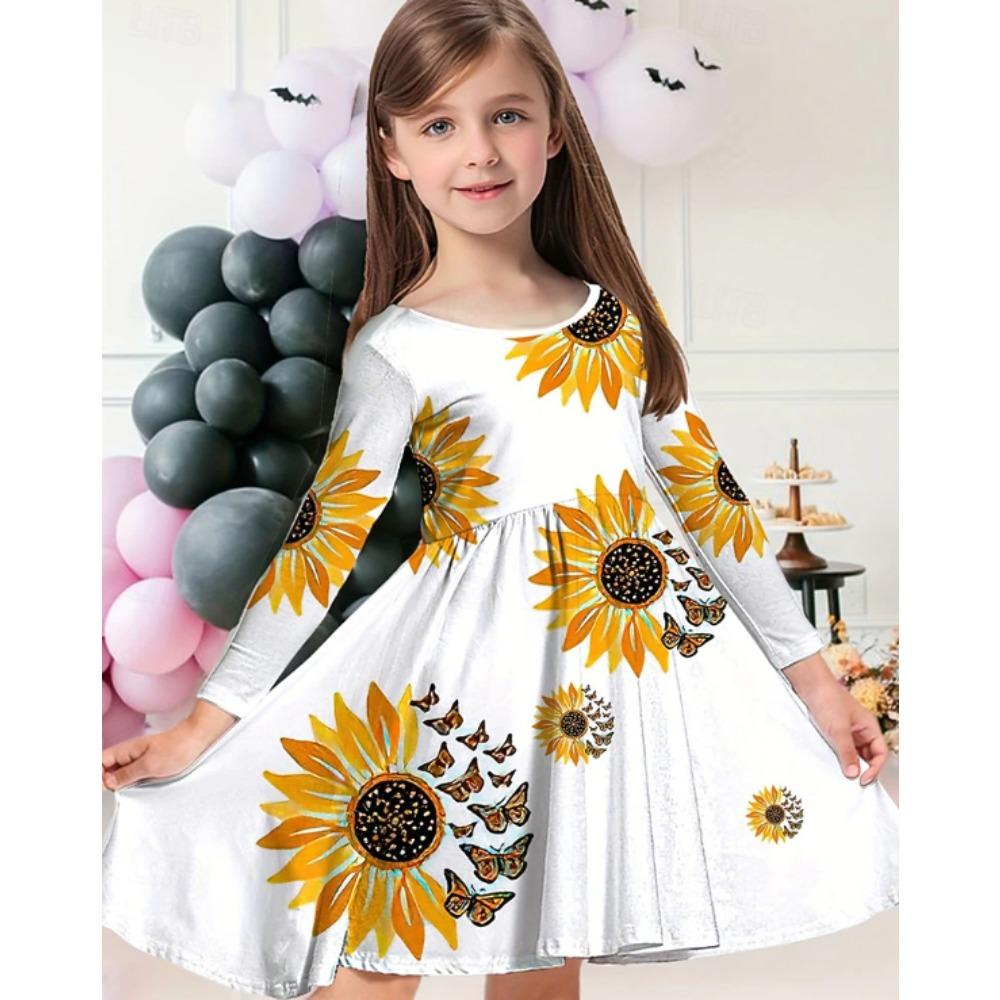 Girl Casual 3D Flower Print Round Neck Long Sleeve Dress Kid Princess Dress 80
