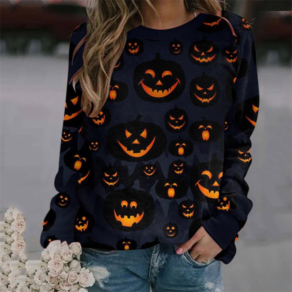 Fashionable 3D digital printed Halloween ghost pattern women's round neck long sleeved T-shirt