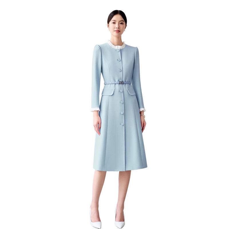 Blue Mid-Length Ruffle Edge Color Block Collar Professional Women's Dress