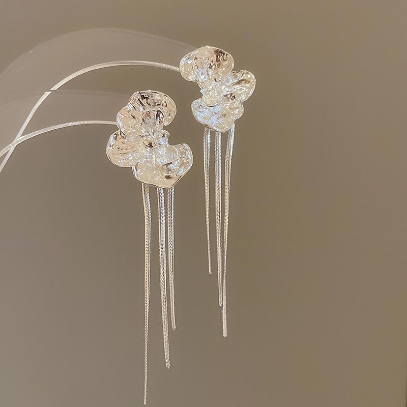 Elegant Irregular Pleated Metal Flower Tassel Earrings - Light Luxury High-End Women s Jewelry