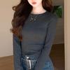 Round Neck Slim Cropped Long Sleeve Basic T-Shirt Soft Stretchy Solid Color Women Versatile Layering Top Available In White Beige Gray