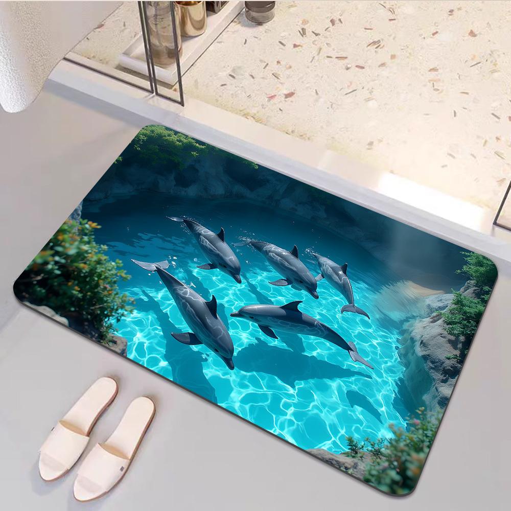 VIKAMA Dolphin Bay Marine Theme - Bathroom, Kitchen, and Laundry Mat Non-slip, Absorbent, Quick-Drying Bathroom Home Decor
