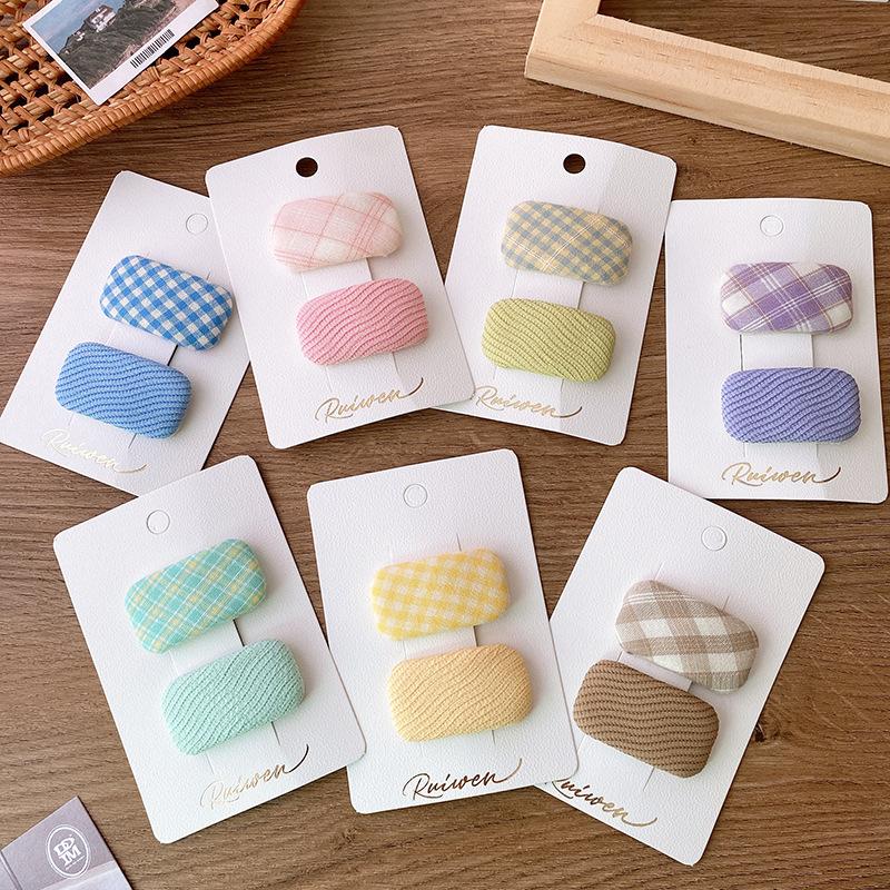 2Pcs/set Macaron Fabric Plaid Hair Clip Solid Color Square Cotton Filling Hairpin Children's Side Bangs Clip Girls Hair Accessories