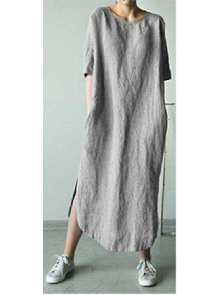 2024 Solid Color Crew Neck Side Slit Mid-Calf Dress with Short Sleeves