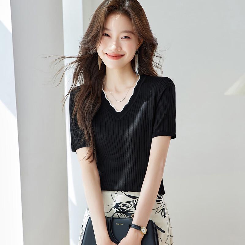 

Premium 100% Mulberry Silk Rib-Knit V-Neck T-Shirt M