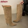 Mode Mode Dünne Absätze Schuhe Party Damen Kniehoch Moderne Stiefel Weiblich Spitze Zehen Flock Damen Lange Stiefel Slipper Schuhe Pumps