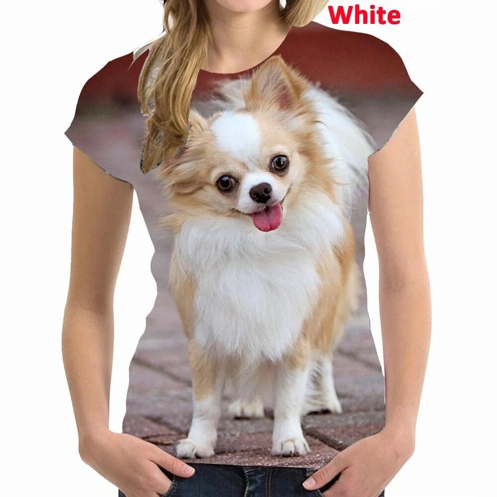 Nejnovější letní dámská móda Roztomilý zvířecí pes Tričko s 3D potiskem Pro volný čas Čivava Tričko s kulatým výstřihem a krátkým rukávem