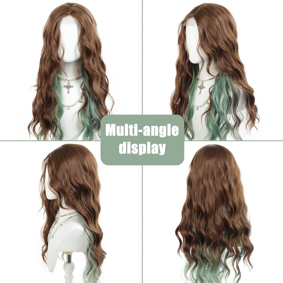 Forehead Lace Style Synthetic Long Curly Wig Ladies Wig Highlights Green Long Wavy Curly Wig Suitable for Holiday Daily Wear