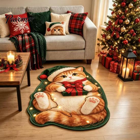 Kitchen Sink Rug Christmas Cat Shaped Rug, Plush Sleeping Absorbent Bathroom Mat, Xmas Lovers Gift Hat Kitty Non-slip Washable Area for Bedroom,