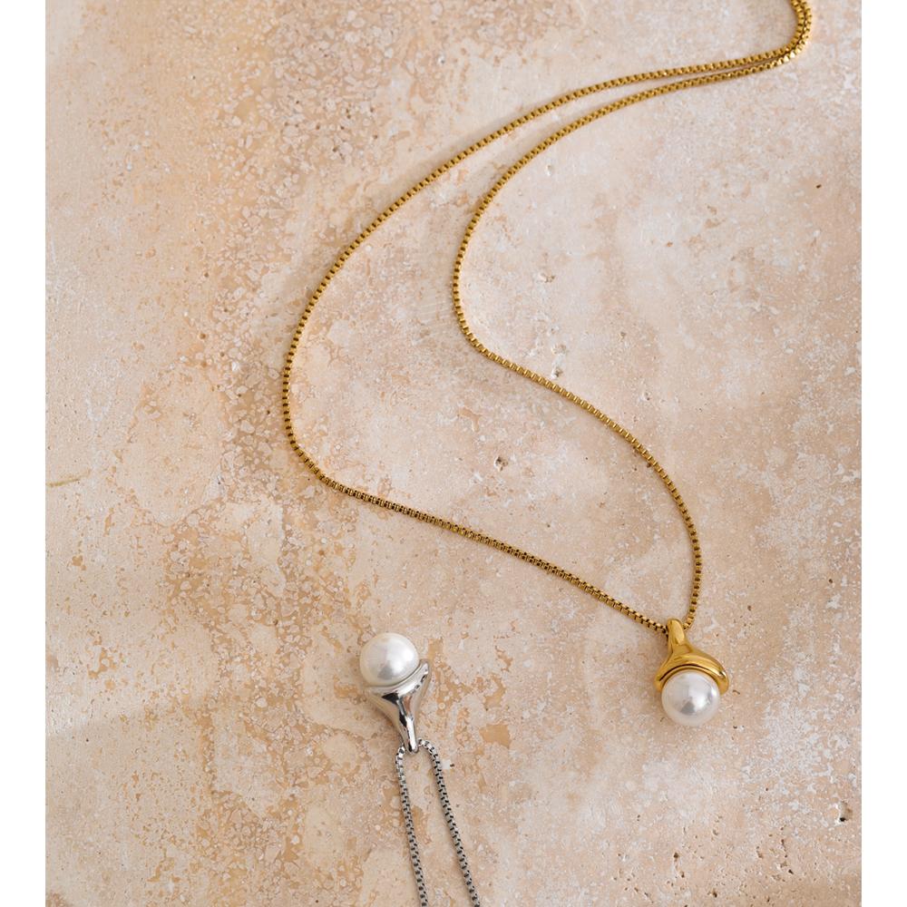 Yhpup Stainless Steel High Quality Korean Style Simulated Pearls Round Pendant Necklace for Women Trendy Cast Jewelry Wholesale