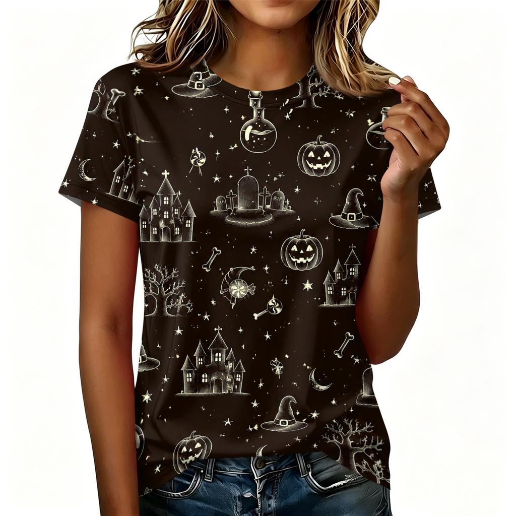 Ladies Casual Pullover Short Sleeve T Shirt Halloween Print Crew Neck Top Halloween Themed Graphic Tee for Women
