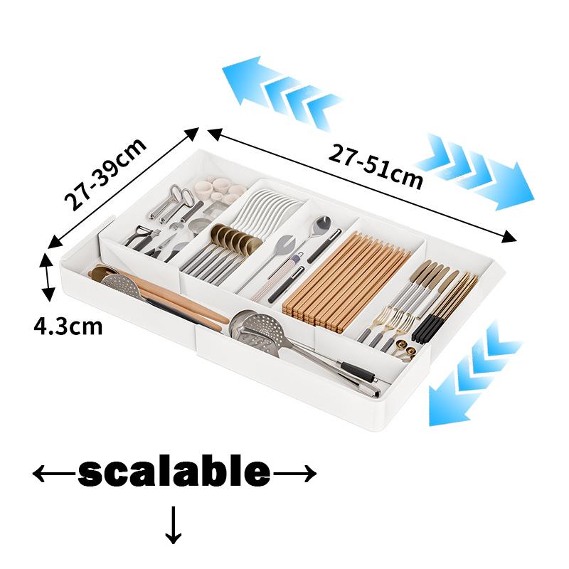 1pc Kitchen Drawer Retractable Storage Box Large-capacity Partitioning Storage Tray Home Tableware Knife Spoon Organizing Box