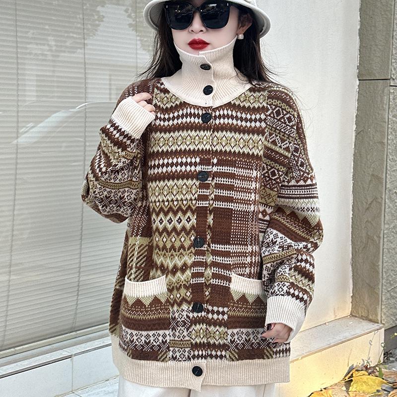2025 Autumn/Winter Women's Japanese Retro Ethnic Knit Cardigan - Mid-Length, Printed, Comfortable Lazy Style Knitwear
