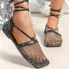 Sandale de modă pentru femei cu plasă ajurată, plate, cu cristale, de designer, de vară, noi, cu șireturi, romane, casual, papuci, șlapi respirabili Mujer Zapatos