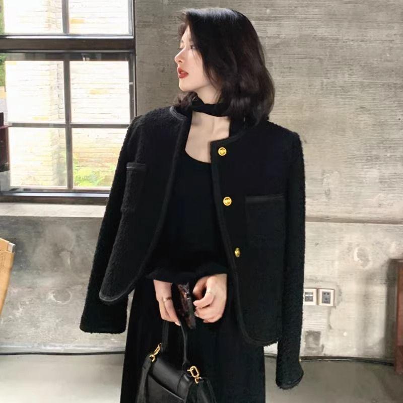 Petite Black Slimming Coco Style Single-Breasted Jacket - French Versatile Long Sleeve Elegant Design